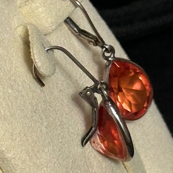 925 Sterling Silver Artisan Crafted Genuine Treated Fire Quartz Dangle Earrings - Picture 8 of 12